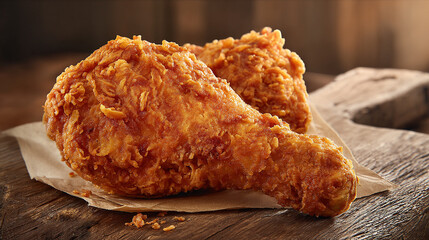 Rustic Wood Table Showcasing Crunchy Fried Chicken Leg