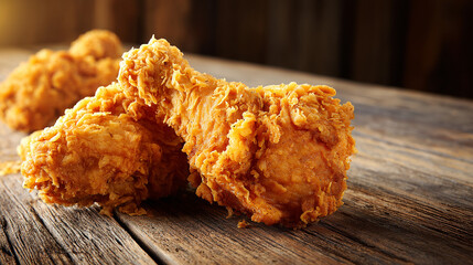 Rustic Wood Table Showcasing Crunchy Fried Chicken Leg