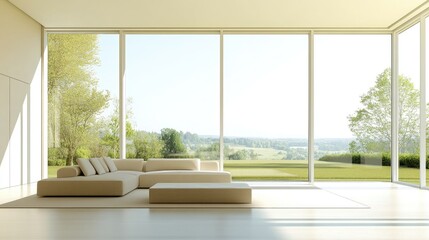 Fototapeta premium Bright and Spacious Modern Living Room with Large Windows Overlooking a Scenic Outdoor Landscape and Lush Greenery