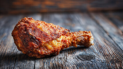 Rustic Wood Table Showcasing Crunchy Fried Chicken Leg