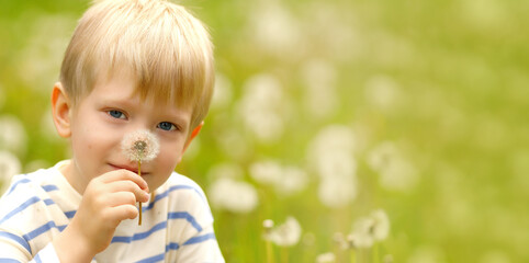 A small boy holds a dandelion in a blooming green field, capturing a pure and peaceful childhood scene.