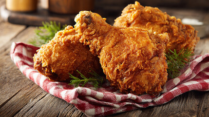 Rustic Wood Table Showcasing Crunchy Fried Chicken Leg