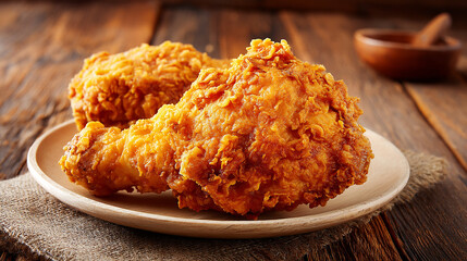 Rustic Wood Table Showcasing Crunchy Fried Chicken Leg