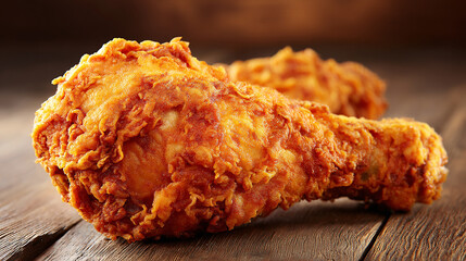 Rustic Wood Table Showcasing Crunchy Fried Chicken Leg