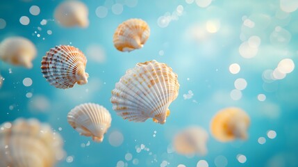 Beautiful Seashells Floating in Clear Blue Water with Bubbles