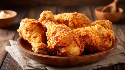 Rustic Wood Table Showcasing Crunchy Fried Chicken Leg
