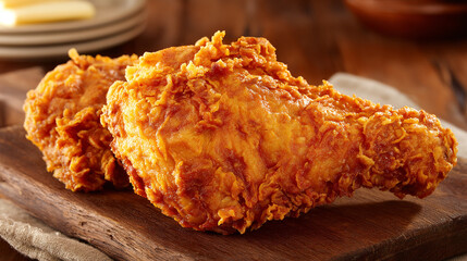Rustic Wood Table Showcasing Crunchy Fried Chicken Leg