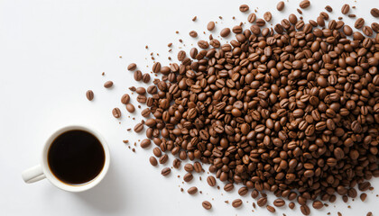 Naklejka premium Composition with white coffee mug on left side and pile of roasted beans on the right edge, white background, empty space in cente