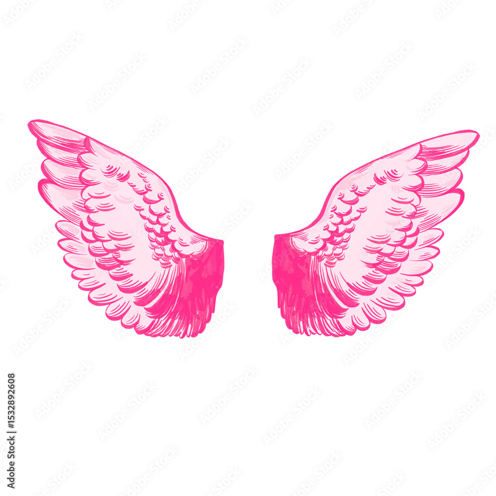 Poster pair of pink wings are floating in vector showing textured feather layers on transparent background