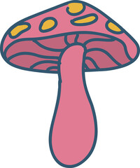 Flat design mushroom is floating on transparent background, featuring pink cap with yellow spots