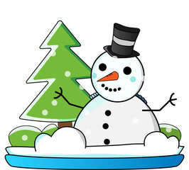 Cartoon snowman is standing in flat winter art with top hat, evergreen tree, transparent background