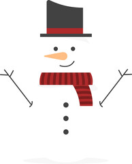 Flat design snowman is standing on transparent background, showing carrot nose, top hat, red scarf
