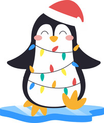 Flat design penguin is wearing Santa hat with multicolored lights on ice, transparent background