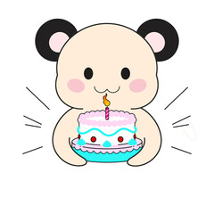Cartoon bear is holding 2-tier cake with pink aqua frosting and lit candle on transparent backdrop