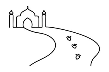 Winding path leading to mosque line-art illustration