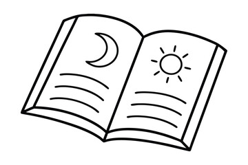 Open book line art sun moon celestial design illustration