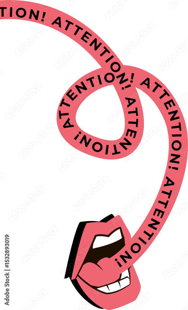 Poster flat design showing red mouth emitting looping attention! ribbon with transparent background