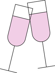 Two pastel pink stemmed glasses are clinking in flat vector illustration, on transparent background