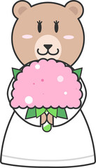 Cartoon bear is holding fluffy pink flower bouquet in flat vector design on transparent background