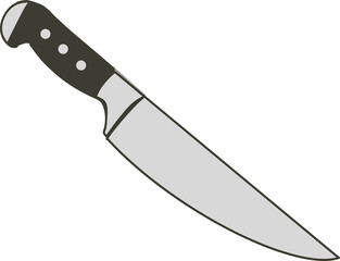 Flat chef's knife is floating on transparent bg showing stainless steel blade and black handle
