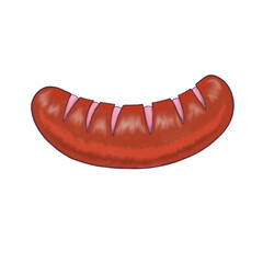Flat design red sausage is showing six diagonal slits on transparent background with glossy shading