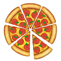 Flat design eight pizza slices are showing cheesy pepperoni and basil on transparent background