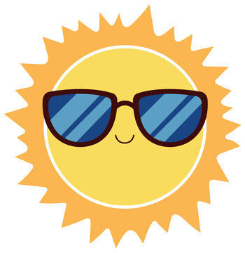 Naklejki Cartoon sun is shining in flat icon, wearing sunglasses with blue lenses, transparent background