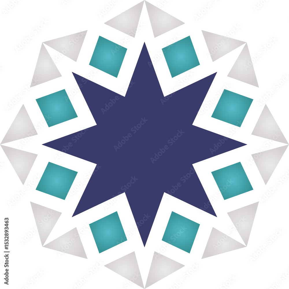 Poster showing flat pattern with 8-pointed navy star, teal squares gray triangles on transparent backdrop