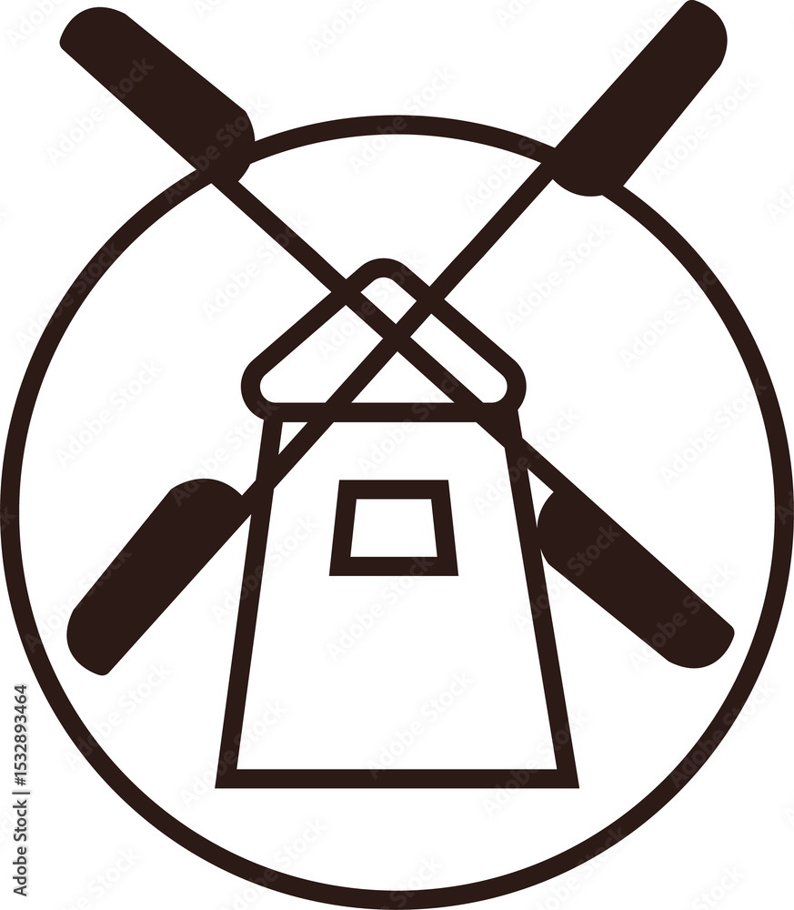Poster flat line windmill icon is showing four blades crossing circular border on transparent background