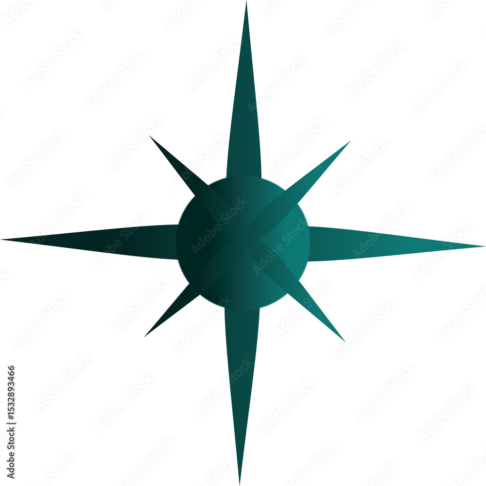 Poster stylized eight-pointed star with center is floating on transparent backdrop in 3d teal gradient