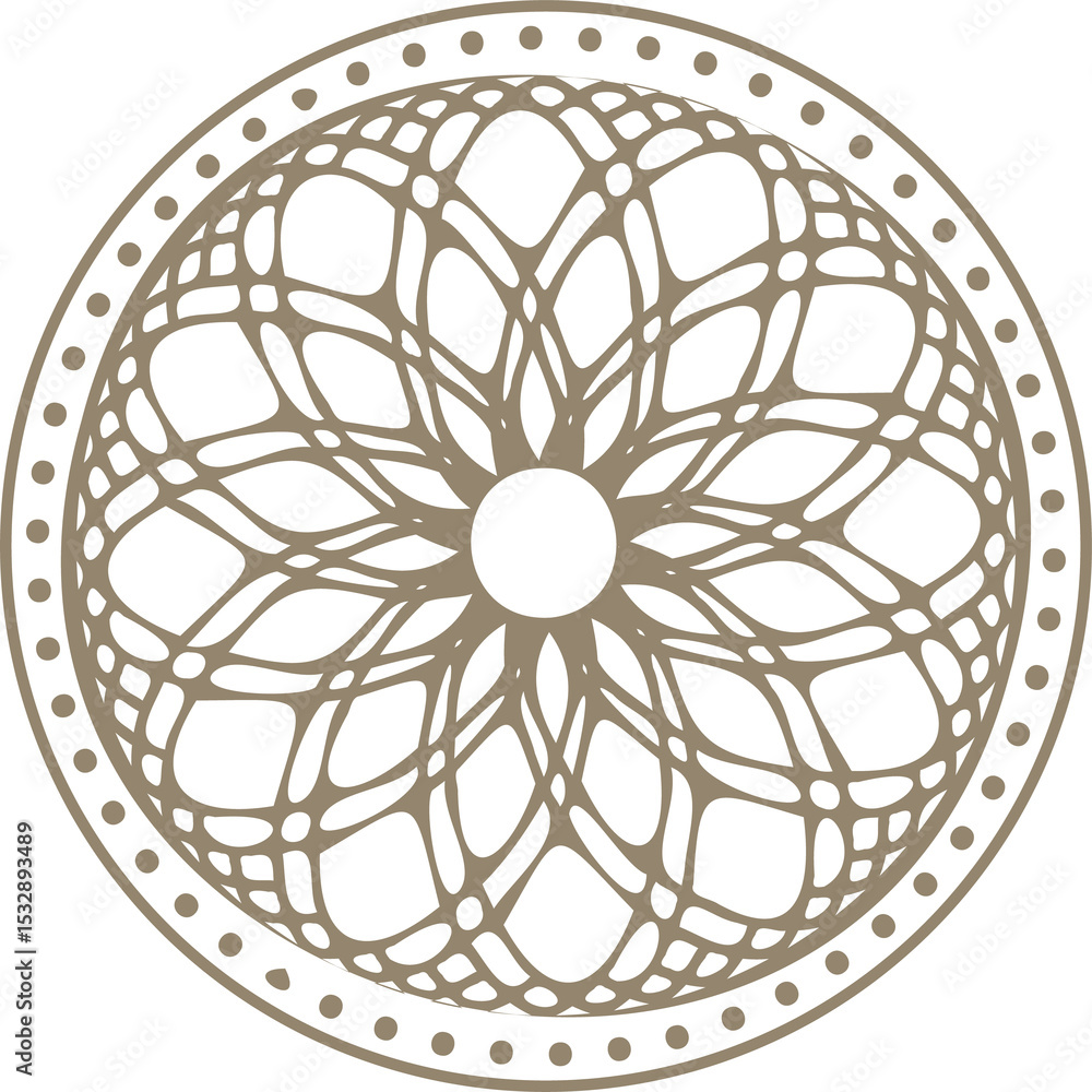 Poster mandala circle is displaying woven arcs and dotted border in flat style on transparent background