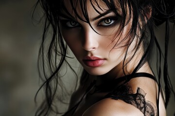 Striking portrait of a young brunette girl with captivating eyes posing in a dramatic style against a dark backdrop