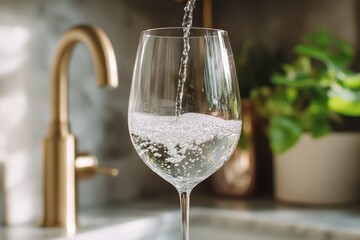 Clear wine glass being filled with sparkling water in a modern kitchen setting with a sleek faucet and green plants