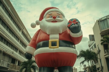 Giant Inflatable Santa Claus holding a colorful gift stands in a festive street during the holiday season, bringing joy to residents and visitors alike