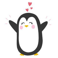 Cartoon penguin is raising flippers three floating hearts in flat design transparent bg copy space