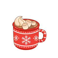 Flat design is showing red snowflake mug, hot chocolate, cream  and  marshmallows on clear backgroun