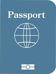 Flat blue passport icon showing white Passport text, globe outline, biometric chip, transparent bg