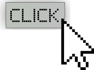 Pixel art styled CLICK button and cursor are appearing on transparent canvas in retro bitmap style