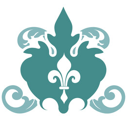 Emblem is showcasing stylized fleur-de-lis with scroll motifs in flat style, transparent background