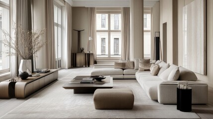 Fototapeta premium Elegant and Minimalist Living Room Interior Design with Neutral Tones and Natural Light