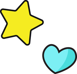 Two shapes are floating in flat design with yellow star and turquoise heart, transparent background