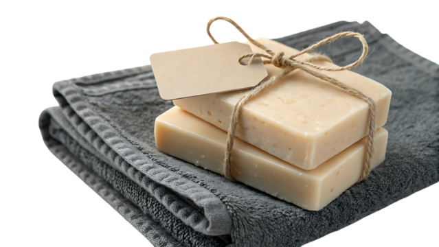 Stacked organic handmade soap bars tied with twine and a blank tag resting on a folded grey towel.
