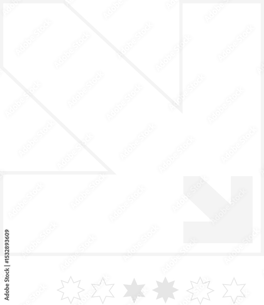 Poster arrow is pointing down-right in flat art, varied star icons are floating on transparent background