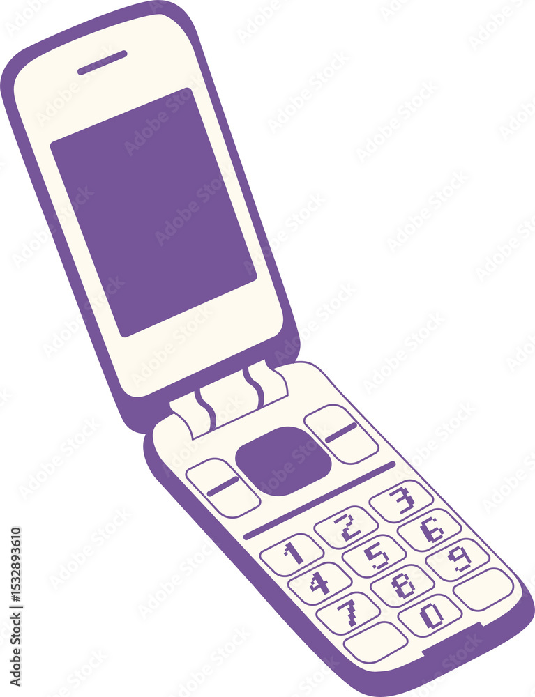 Poster showcasing open clamshell phone in duotone design featuring screen, keypad, transparent background