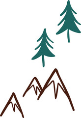 Snow-capped angular mountains and pine trees are floating on transparent background, flat design