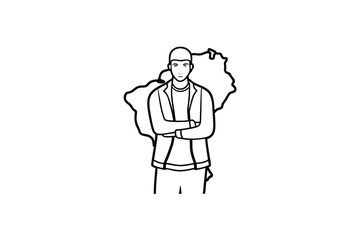 Man standing with arms crossed line-art illustration south america map background