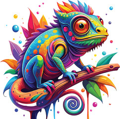 Vibrant chameleon on branch with colorful paint splashes