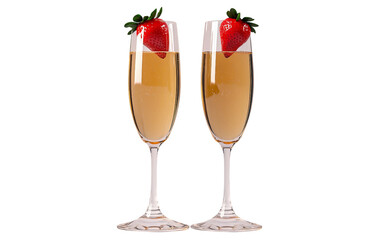 Valentines Day champagne flutes filled with bubbly and garnished with strawberries isolated on transparent background PNG