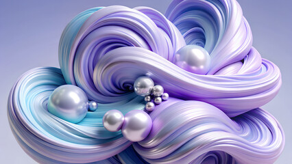Abstract swirls with iridescent pearls in shades of blue and purple