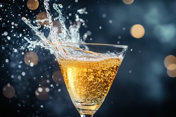 Champagne glass splashing with bubbles amidst a festive atmosphere in a dimly lit venue during a celebratory event